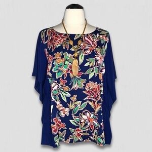 Bob Mackie Wearable Art Floral Tunic Kaftan Blouse Blue 2X